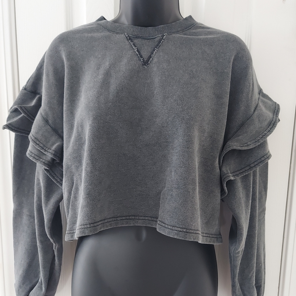 New 7 For All Mankind Small Ruffle Shoulder Long Sleeve Crew Sweater
